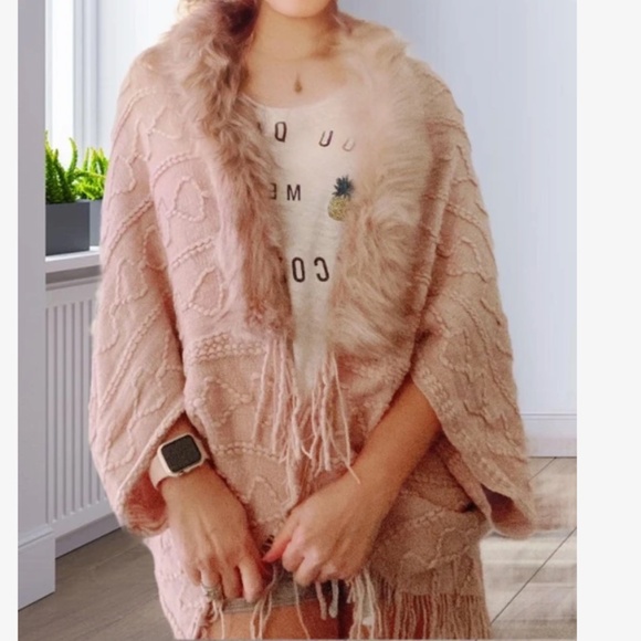 Faux Fur Pink Textured Knit Open Cardigan - Picture 10 of 11